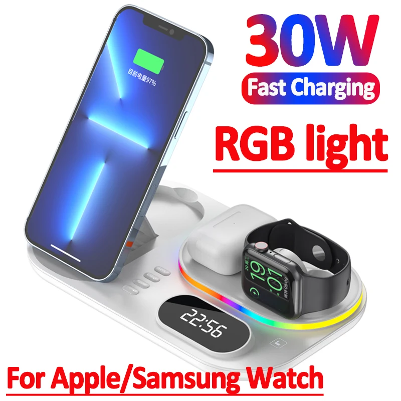 

Беспроводное зарядное устройство 4 в 1, 30 Вт, подставка для iPhone 14 13 12 Samsung S22 S21 S20 Ultra Galaxy Apple Watch, док-станция для быстрой зарядки