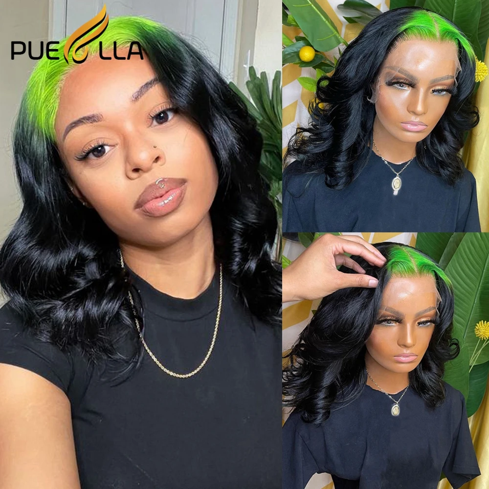 

Green Ombre Colored 13X4 Lace Frontal Human Hair Wig 180% Preplucked Glueless Short Body Wave Closure Front Wigs For Women