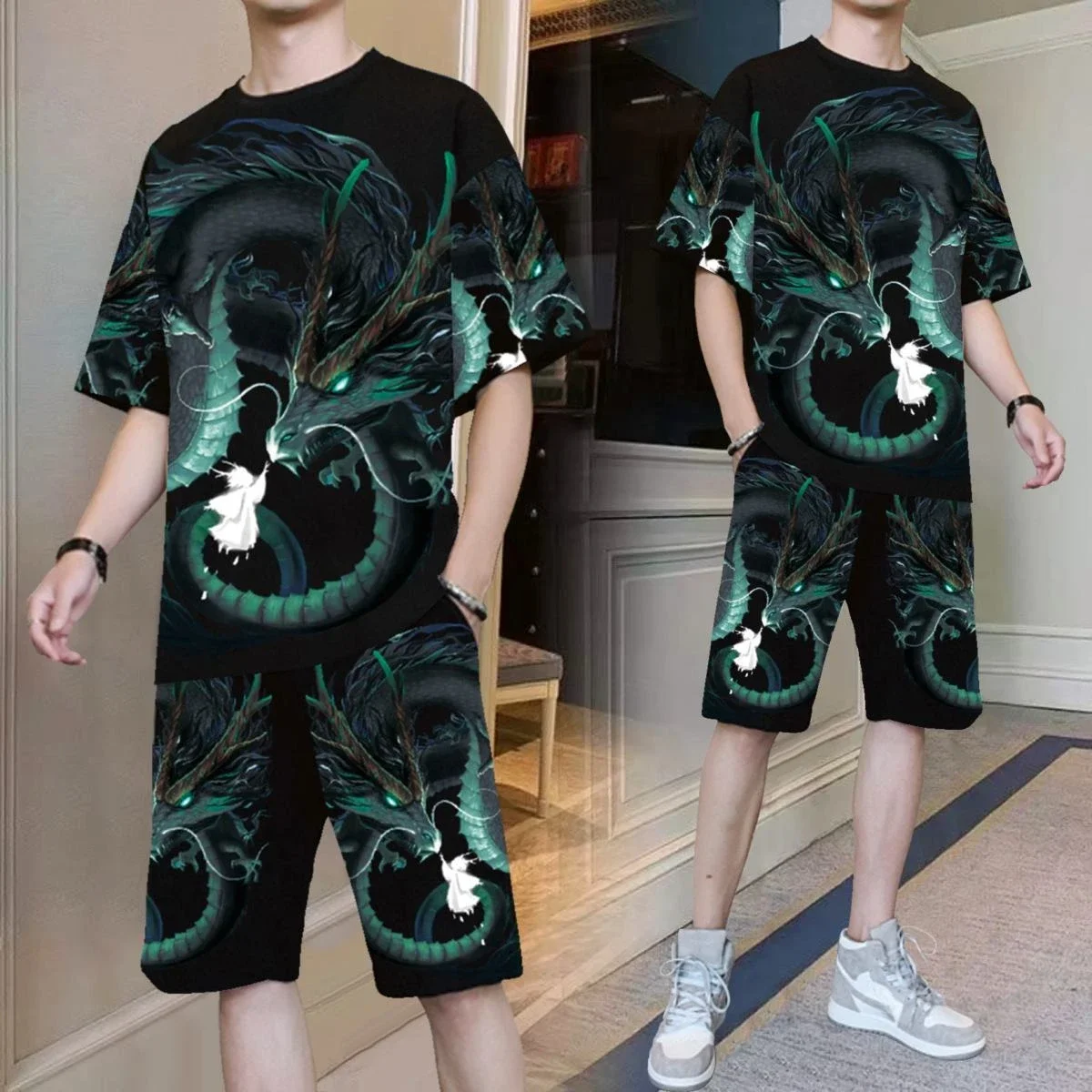thumbnail image 1 of Conjunto de pantalones cortos para hombre, camiseta con estampado de alfabeto gráfico suave, conjuntos de pantalones cortos para hombre que ofrecen atuendos emo juveniles, elegantes, modernos, básicos, 1 of 4
