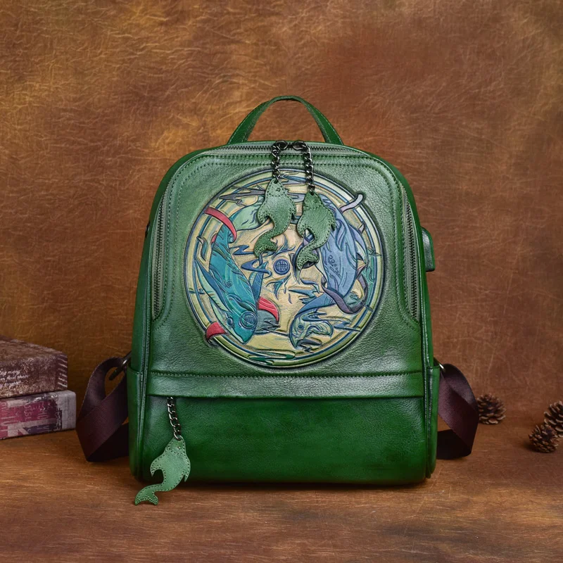 

2023 Large Capacity Vintage Backpacks For Women Genuine Leather Bags New Handmade Embossed USB Female Backpack Woman Bag 2023