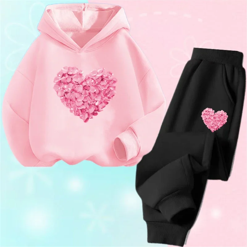 thumbnail image 1 of Conjunto de 2 piezas de sudadera con capucha y pantalones informales para niñas, trajes deportivos para adolescentes, conjuntos de estilo coreano para niños, conjuntos de ropa para bebés bonitos, 1 of 5