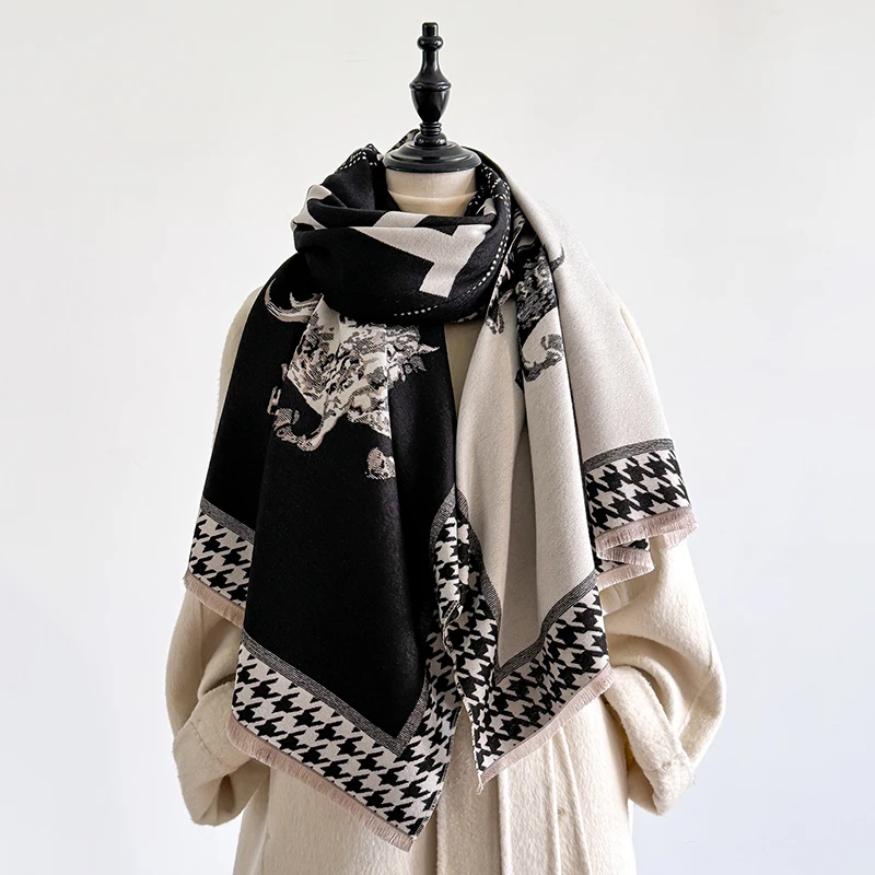 Elegant Zebra Striped Scarf Imitation Cashmere Soft Warm Versatile Shawl Coldproof Windproof Blanket Scarf for Autumn Winter