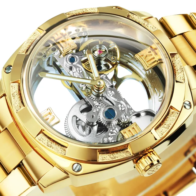 WINNER Gold Transparent Skeleton Automatic Mechanical Watch for Men Luminous Luxury Watches Stainless Steel Strap Golden Bridge 1