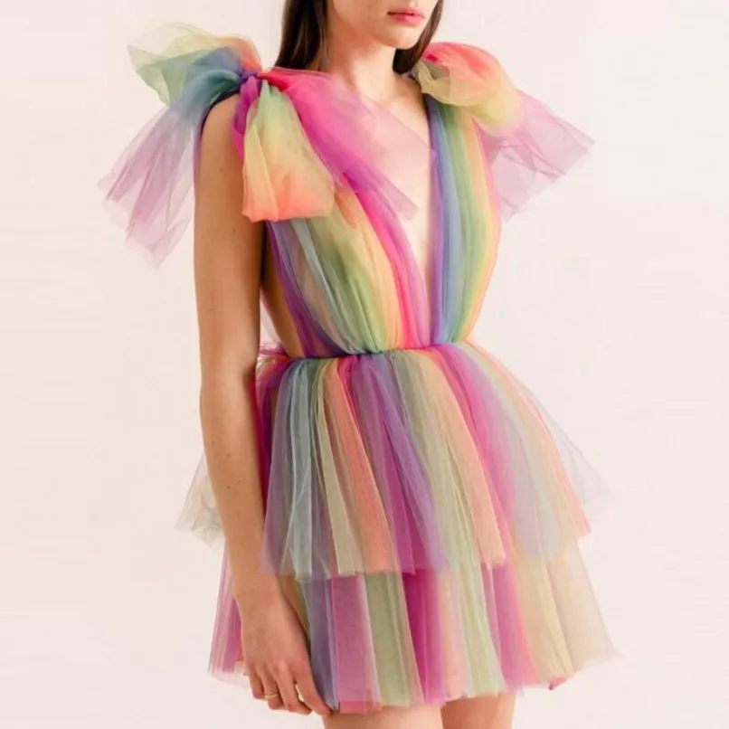 

Sweet Rainbow Color Cocktail Dresses Short Party Gown vestido de curto Pretty Girl Dress Lush Ruffle Above Knee Length