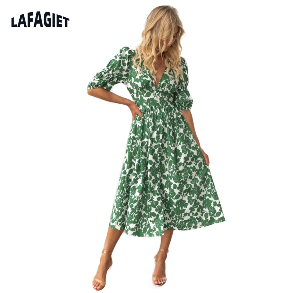 

Flower Print Women Dresses Summer 2022 Sexy V-neck Pastoral Style Loose And Breathable Elbow Sleeve Skirt A Line Mini Dress