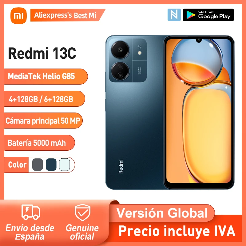 Xiaomi Redmi 13C Versión Global 4GB+128GB MediaTek Helio G85 Pantalla 6,74" pulgadas Hasta 90 Hz Cámara principal de 50 MP Batería 5000 mAh, NFC