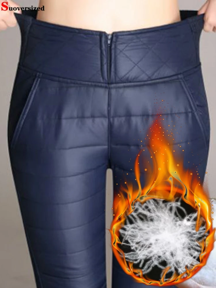 Down Cotton Skinny Oversize Pencil Pants High Waist Thicken Trouser Solid Color Snow Wear Spodnie Zippers Warm Pantalones 2023
