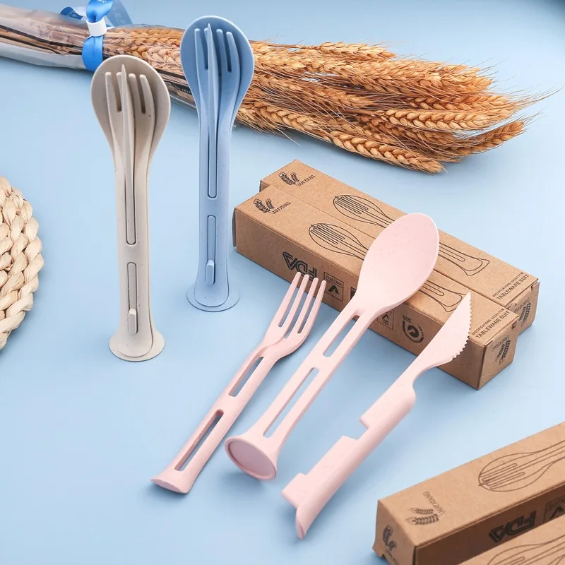 Eco-Friendly Wheat Straw Nordic Style Utensil Set for Kids - 3-in-1 Portable Fork, Spoon, Knife, BPA-Free & Lunchbox Essentials