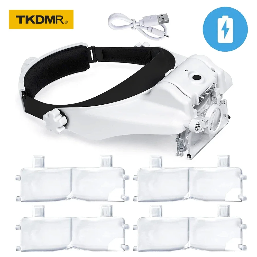 TKDMR USB Rechargeable Headband Loupe Eyewear Magnifier Illuminated Magnifying Glass with 2LED Light Magnification For Soldering magnifying glass jewelry magnifier jeweler repair magnifier jewelry magnifying glass soldering magnifier headband magnifier soldering repair magnifier magnifying glass lamp head wearing magnifier