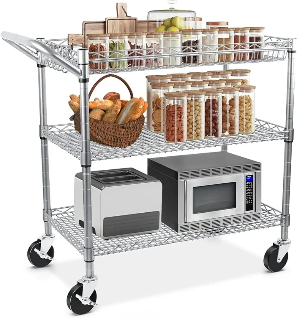 

Heavy Duty 3 Tier Rolling Utility Cart Kitchen Metal Serving Cart 990Lbs Capacity with Wheels Commercial Grade