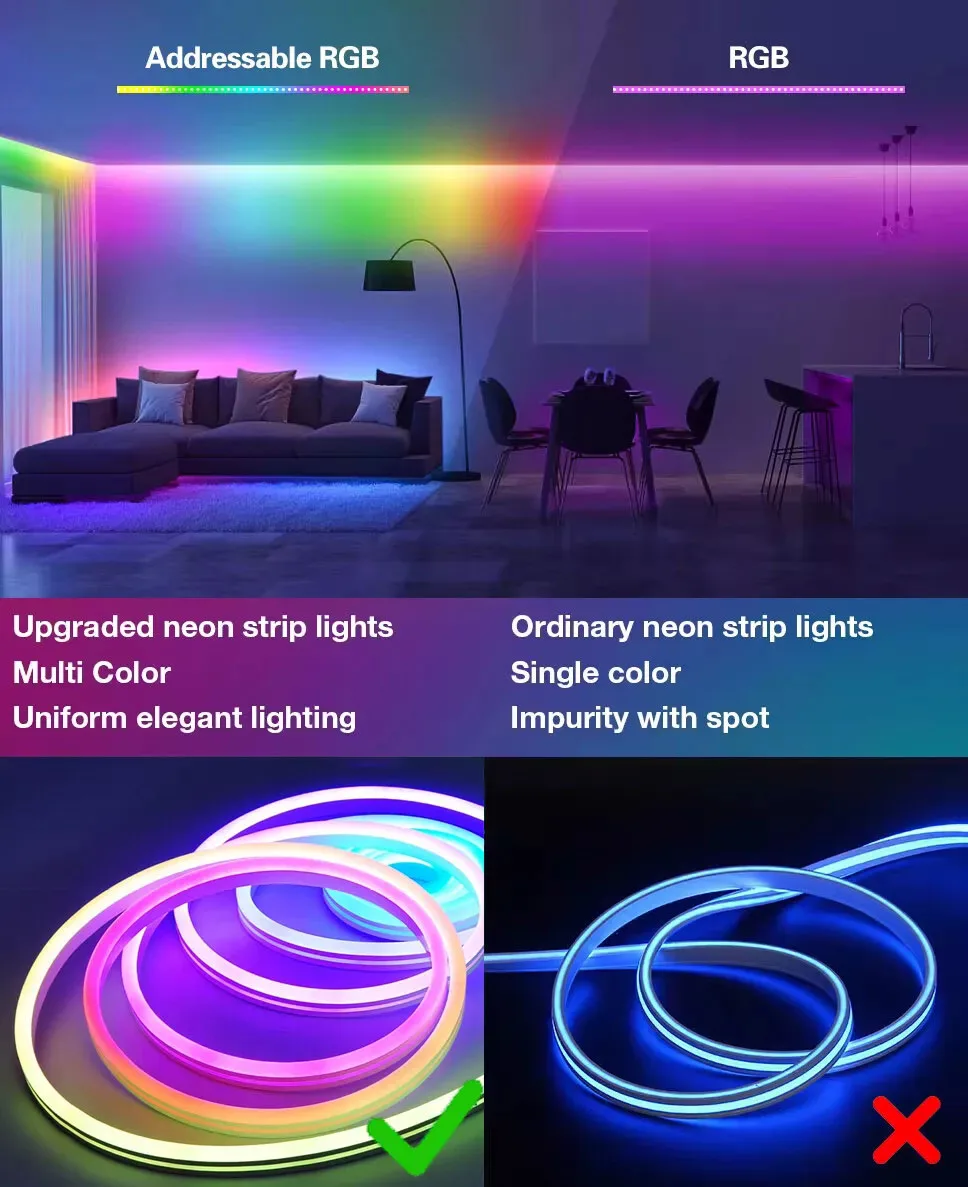 Neon RGB LED Smart Strip Lights with App Remote Control LED Rope Tape Lights for Christmas Party Decorations Flexible Ambient