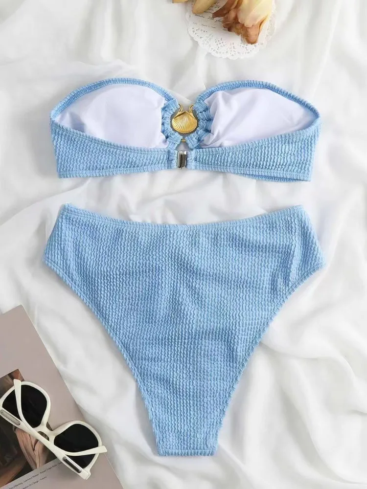 Sexy Shell Bikini Bandeau Women Swimsuit 2023 Female Swimwear High Waist Bikinis Set Ribbbed Bathing Suit Swimming Suit Biquini