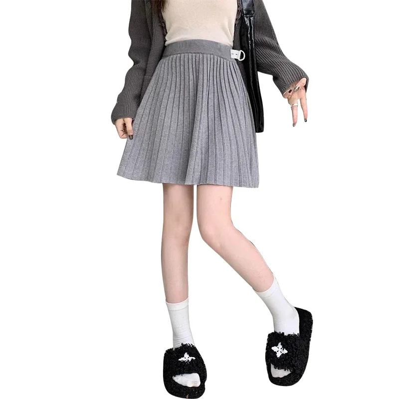 Korena Style Pregnant Woman Winter Knitted Pleated Skrit Adjustable Waist Maternity Brief Skirt Solid Color Pregnancy Mini Skirt