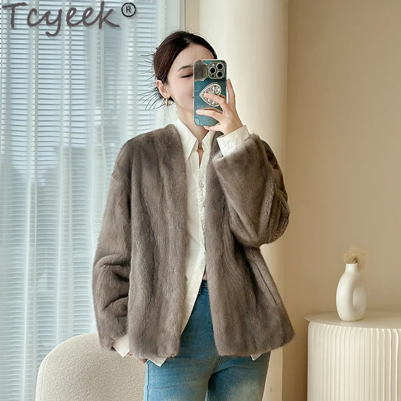 Tcyeek Cappotto Di Pelliccia Di Visone Naturale Donna Inverno Giacca Di Pelliccia Da Donna 2023 Stile Corto Grigio Intero Visone Vera Pelliccia Cappot