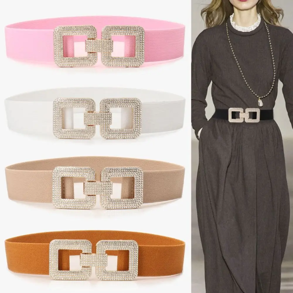 Exquisite Wide Stretch Waistband Solid Color Casual Waist Strap Rhinestone Buckle Waist Belts Clothing Decoration