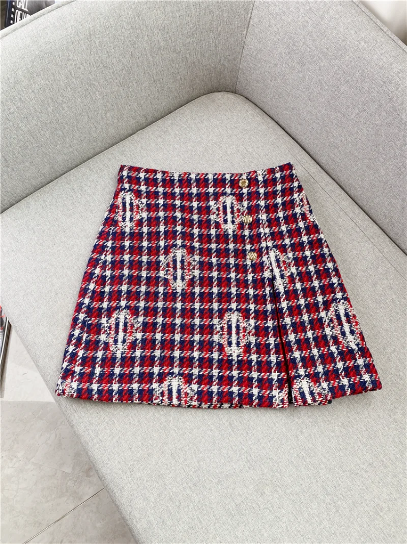 Tweed Skirt Knee Length Skirts Tweed Skirt Elastic Waist Tweed Asymmetrical Skirt Skirts