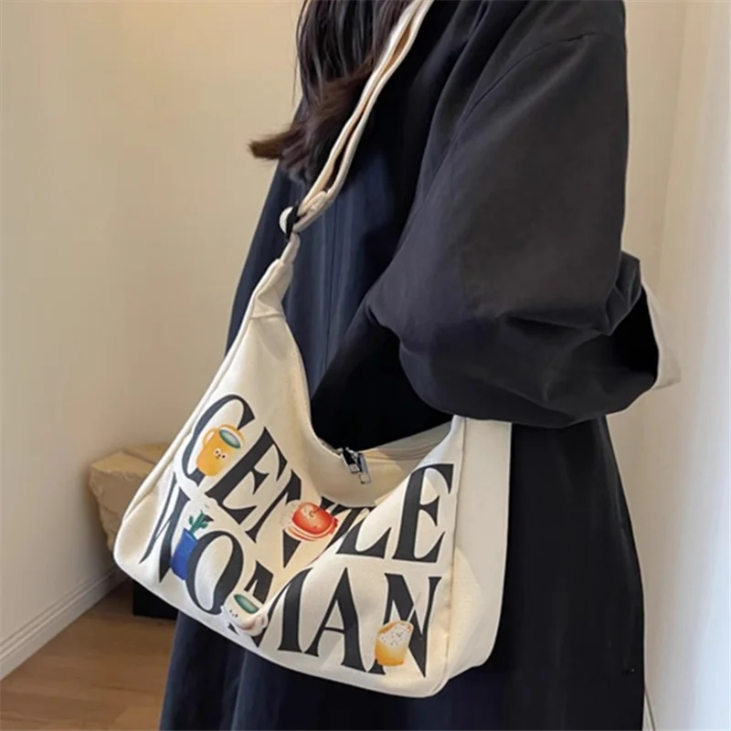 Gentle Woman Letter Canvas Bag, Trendy Versatile Large Capacity Commuting Crossbody Shoulder Bags, Casual Daily & Chic Outings