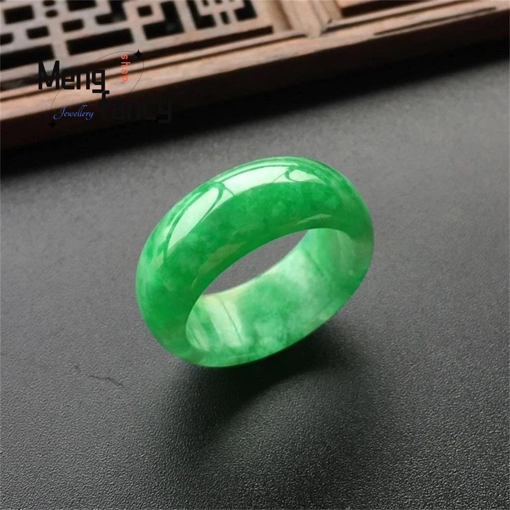 Natural Vintage Burmese Full Green Jadeite Dry Green Iron Dragon Sang Ring Emerald Colour Jade Trigger Finger High-grade Jewelry