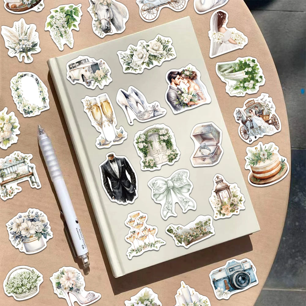 50PCS 크리 에이 티브 레트로 꽃 흰색 웨딩 스티커 저널링 장식 재료 노트북 DIY 맞춤형 데칼