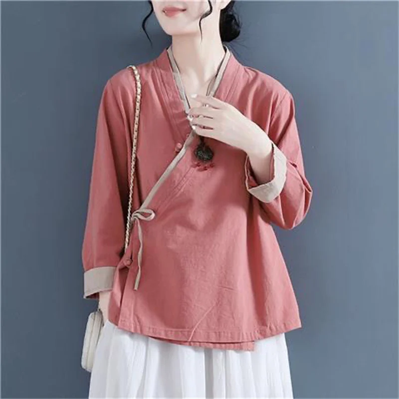 

Хлопковая льняная рубашка Hanfu с V-образным вырезом в стиле Харадзюку, Женские однотонные винтажные Топы династии Тан с V-образным вырезом, Повседневная Свободная блузка в китайском этническом стиле
