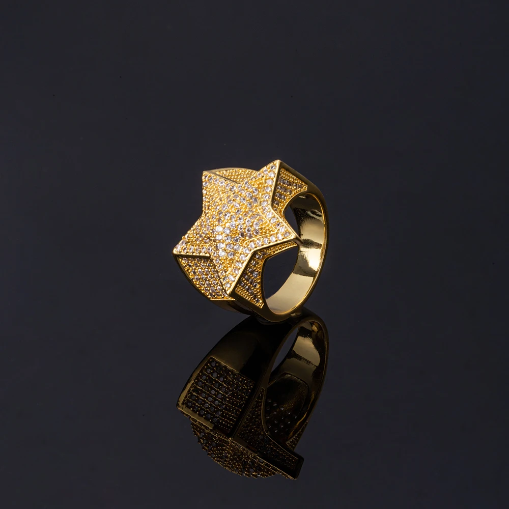 HipHop Jewelry Men Women High Quality Star Rings Brass Gold Plated Iced Out Zircon Micro Paved Solid Pentagram Five-Pointed Ring
