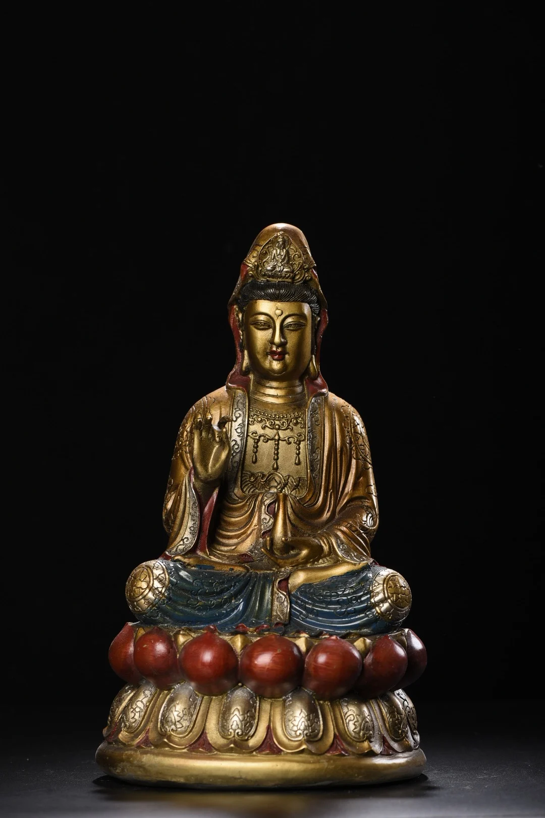 

11"Tibetan Temple Collection Old Bronze Painted washing Bowl Guanyin Bodhisattva Sitting Buddha Worship Hall Town house