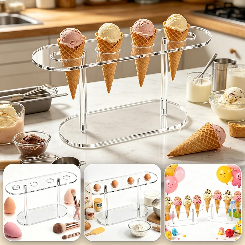 1PC 4 구멍 투명 아크릴 아이스크림 콘 스탠드 휴대용 디저트 디스플레이 랙 결혼식 생일 파티 디저트 가게 장식
