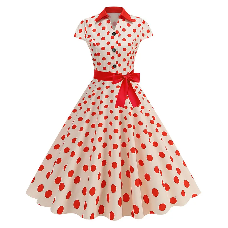 Elegantes Vintage 1950er Jahre Damen Sommerkleid Polka Dot Print Umlegekragen Party Sommerkleid mit Gürtel – Detail 7