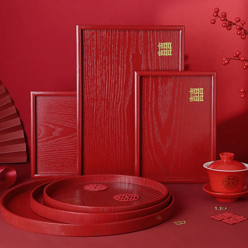Chinese Red Square Wooden Tray, Wedding Tea Tray, Kitchen Storage for Desserts and Snacks, Solid Wood Tray for Tableware Storage 3
