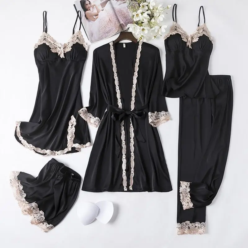 nightgowns Pajamas Women's Summer Sexy dress sets 5 Piece Set of Ice Silk Thin Style Pajamas Spring and Autumn
