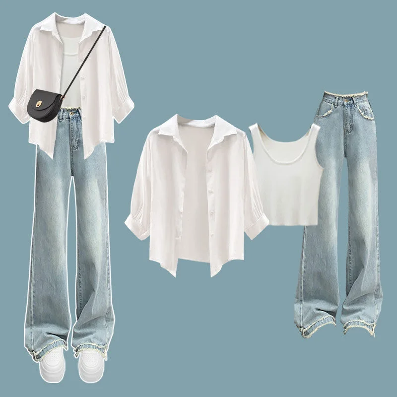 Spliced Suspender Vest Sunscreen Chiffon Shirt Blouse Jeans Three Piece Set of Elegant Women's Pants Casual Outfits Clothing