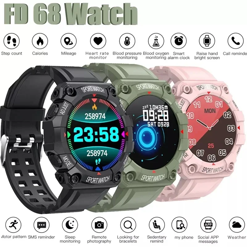 

Смарт-часы FD68 для мужчин и женщин, Bluetooth Смарт-часы с сенсорным экраном, смарт-браслет для фитнеса, смарт-браслет для IOS и Android