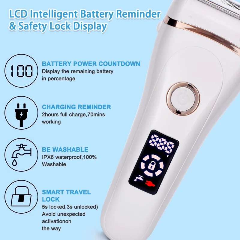 Electric Epilator USB Rechargeable Women Painless Electric Epilator Beard Hair Removal Women's Shaving Machines Portable Female Hair Trimmer LCD