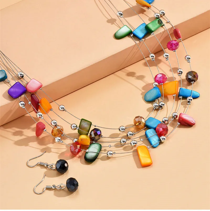 Jewelry Sets Kymyad Crystal Necklace Earrings For Women Colorful Shell Jewelry Sets Multilayer Choker Necklace Women Jewelry Set Accessory