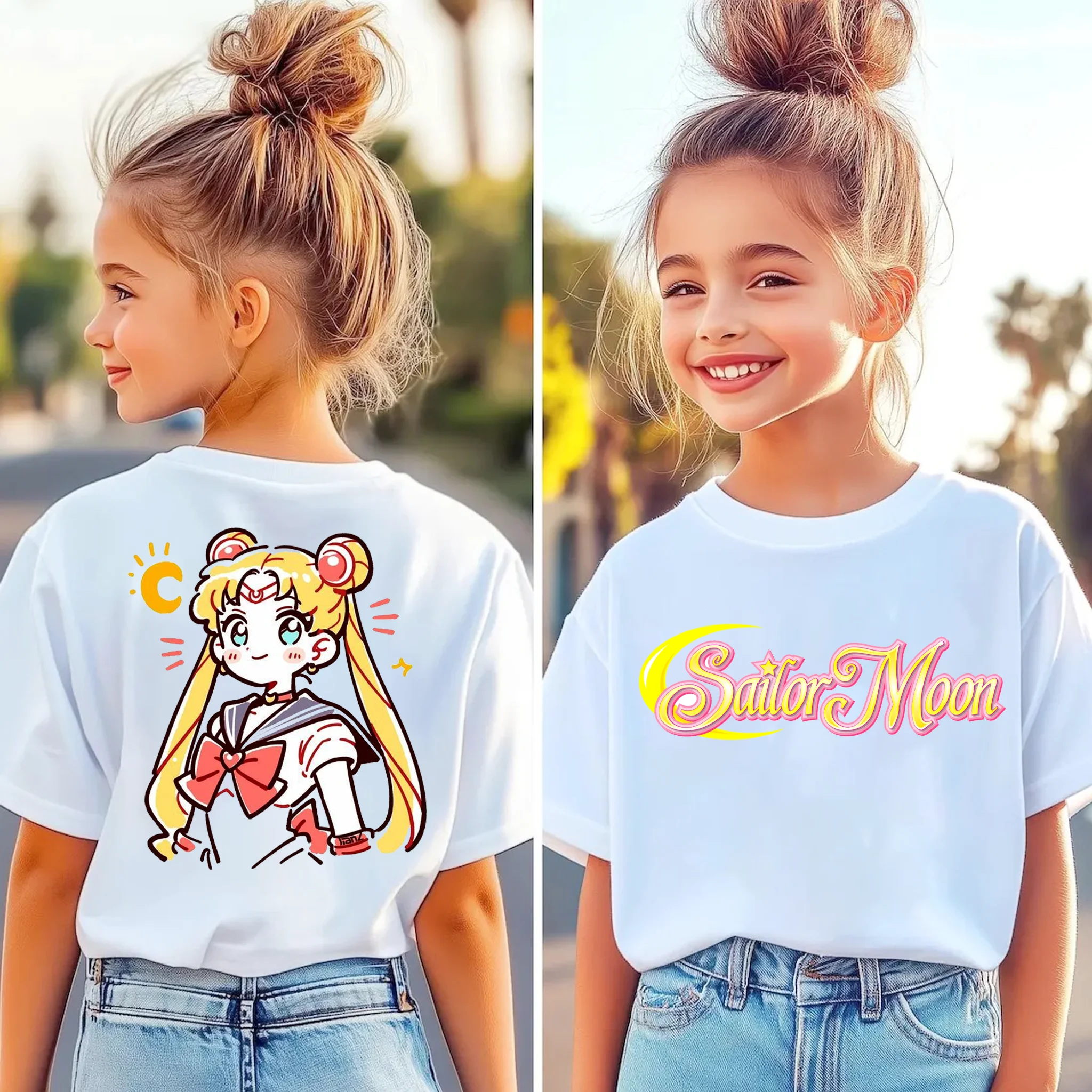Children's Summer Sailor Moon Cartoon Print Loose Fit T-Shirt