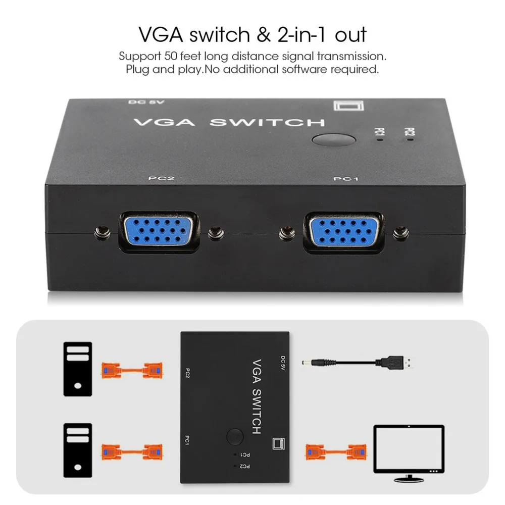 2포트 VGA 분배기 2입력 1출력 플러그 앤 플레이 비디오 선택기 스위처 장거리 버튼식 모니터 공유 사무실 설정