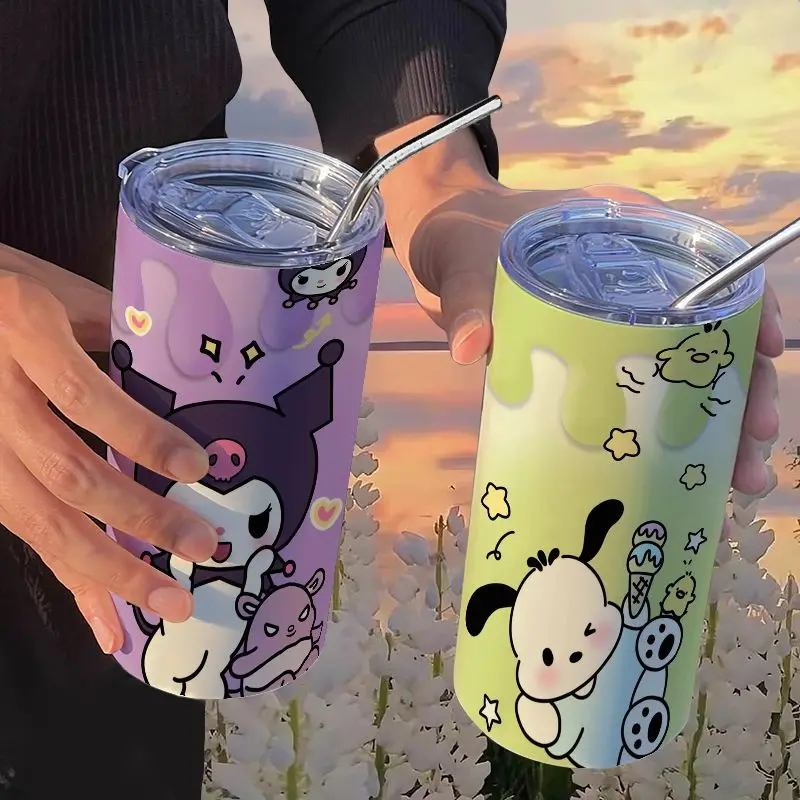 

Sanrio Anime Kuromi Portable Thermos Kawaii Hello Kitty My Melody Pochacco Stainless Steel Water Cup with Straw Coffee Juice Cup