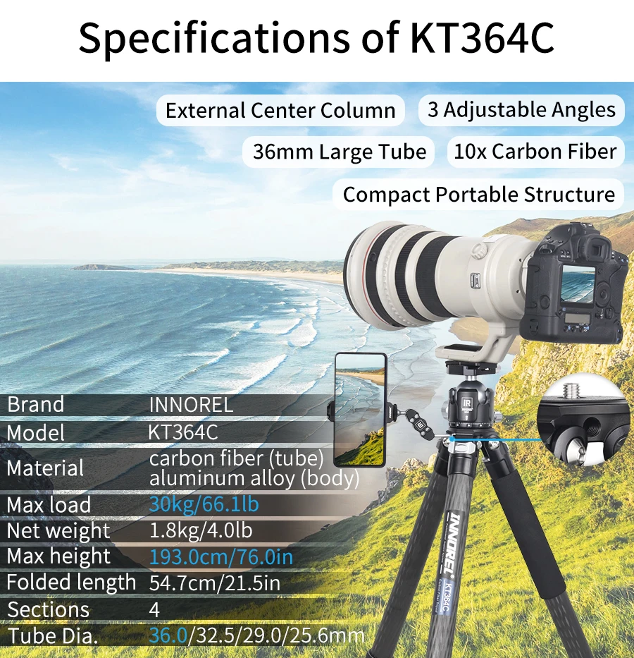 KT364C Professional Carbon Fiber Tripod for DSLR Camera Heavy Duty 36mm 10 Layer