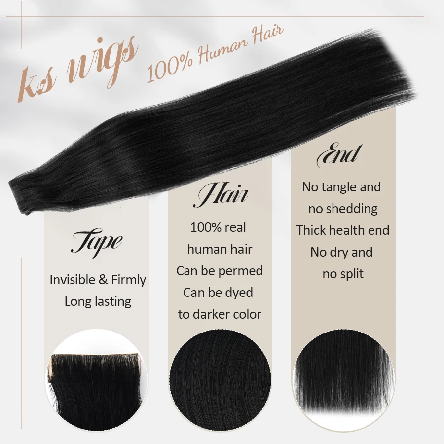 K.S WIGS 12&ldquo;-24&rdquo; Tape In Hair Extensions Natural Tape Ins for Women Human Hair Extensions Straight Seamless Skin Weft 10P/20P