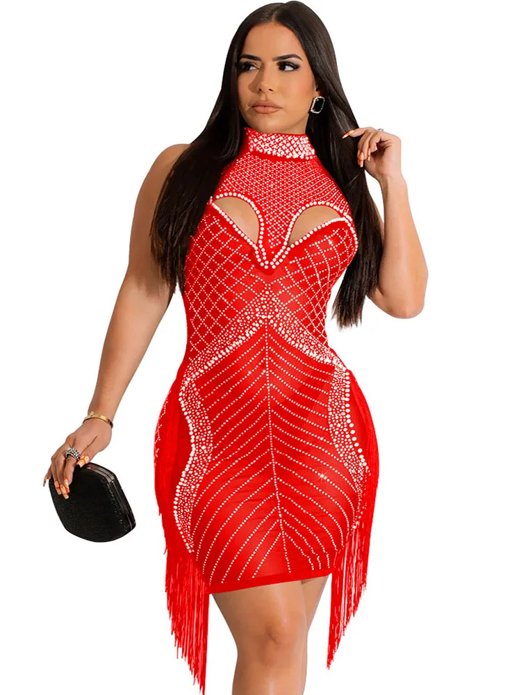 

Sexy Mesh Rhinestone Tassel Party Prom Bodycon Dress Hollow Out See Through Night Club Outfits For Women Clubwear Mini Dresses