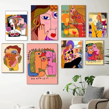 Toile d'art abstrait moderne pour femme, affiche de personnage féminin géométrique imprimé, décor mural de dessin animé coloré pour salon et chambre à coucher 1
