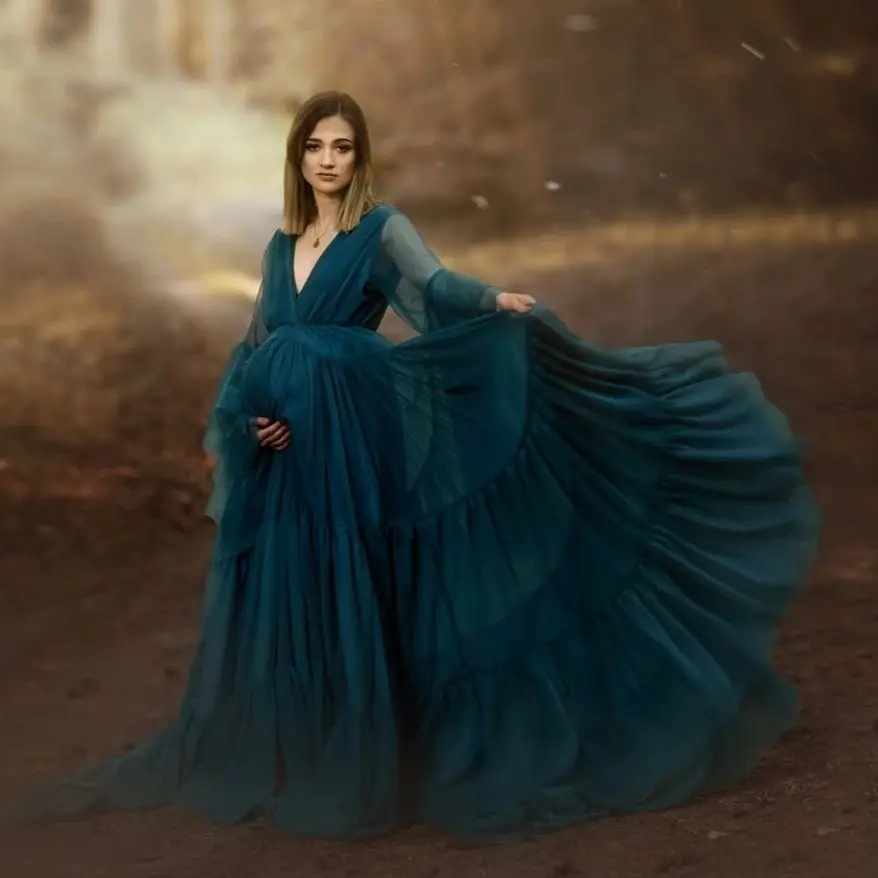

Royal Blue A Line Evening Dresses Long Sleeves V Neck Women Pregnancy Maternity Gowns Sexy Sweep Train Baby Shower Robes