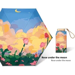 Elegant Floral Art Compact Sun Umbrella - Portable All - Weather Parasol with UPF50 Protection - Iron (Rose)
