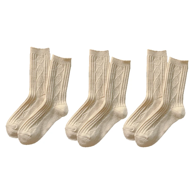 Women's Winter Cashmere Wool Socks - 3 Pairs Set, Thicken Warm Thermal, Japanese Fashion Solid Colors