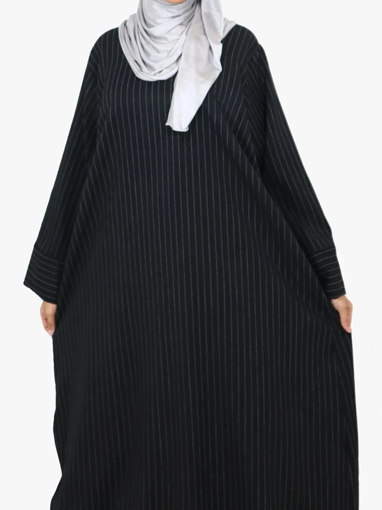 Autumn Pinstripe Twill Muslim Women Abaya Dress, Zipper Back Side Pockets, Modest Hijabi Robe, Islamic Clothing, Ramadan Eid - Image 4