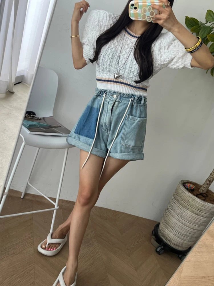 Lace-Up Denim Shorts Summer Women Retro Loose Rolled Blue Denim Shorts Streetwear Female High Waist Button Jeans Shorts Bottoms