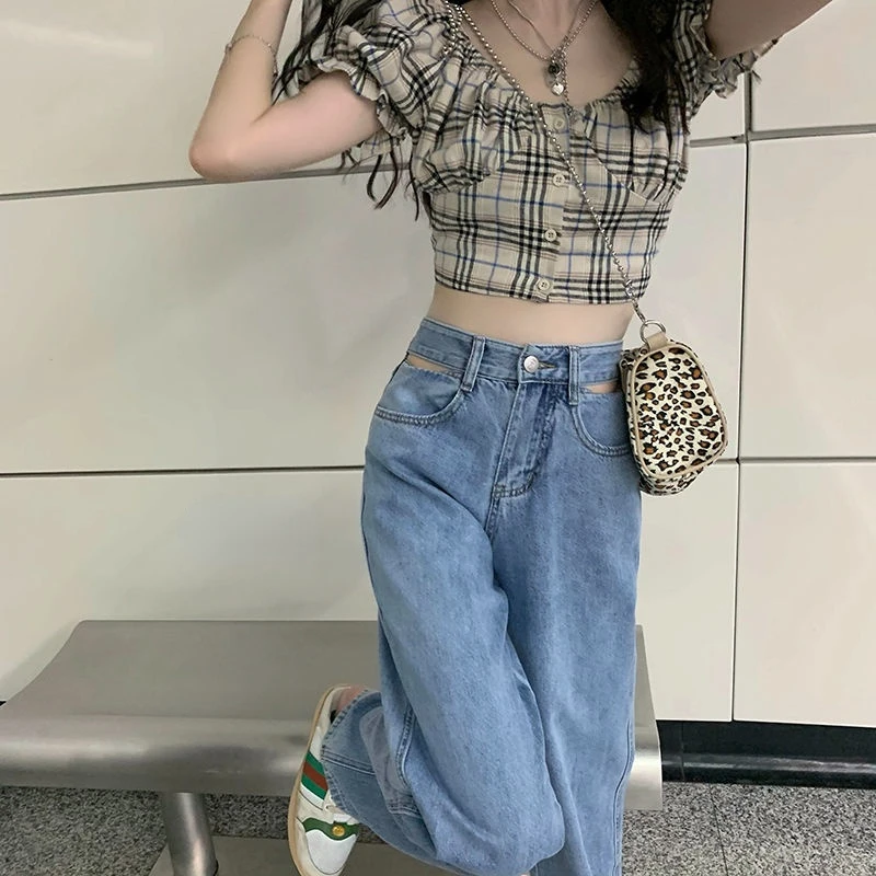 Jeans Women Love Heart Pockets Sweet Girl Students High Waist Hot Sale Loose Fashion Wide Leg Denim Sexy Hollow Out Vintage Y2K 6