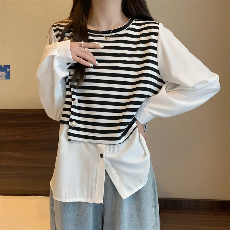 S-4XL Large Size Fake Two-piece Blouses Women Spring Casual Button Striped Stitching White Oversize Tops Long Sleeve Loose Tops