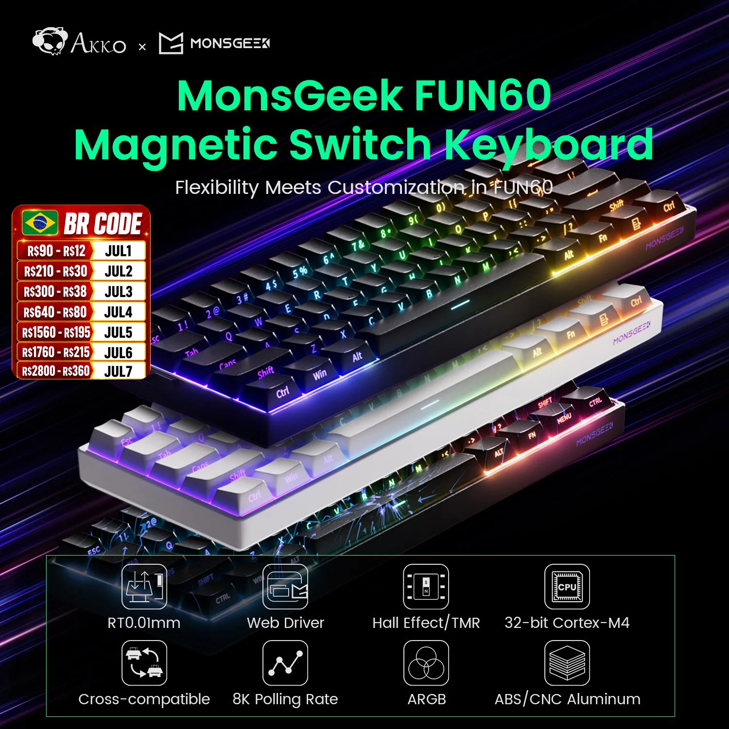 Akko MonsGeek FUN60 Mechanical Keyboard Magnetic Switch 60% Gaming Keyboards Rapid Trigger 0.01mm 8K ARGB HE/TMR Custom Keyboard