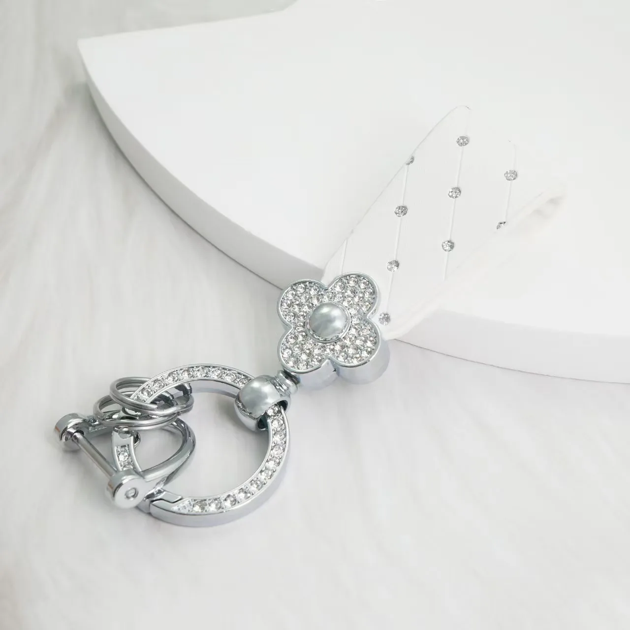 Handcrafted Braided Rope Keychain with Sparkling Rhinestones - Stylish Monochrome Fashion Accessory